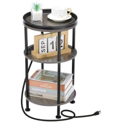 Petite table d'appoint ronde avec station de charge pour les petits espaces, table d'appoint à 3 niveaux avec ports USB et prises de courant, canapé, table de thé d'angle pour salon, table de chevet, appartement de chambre à coucher (gris)