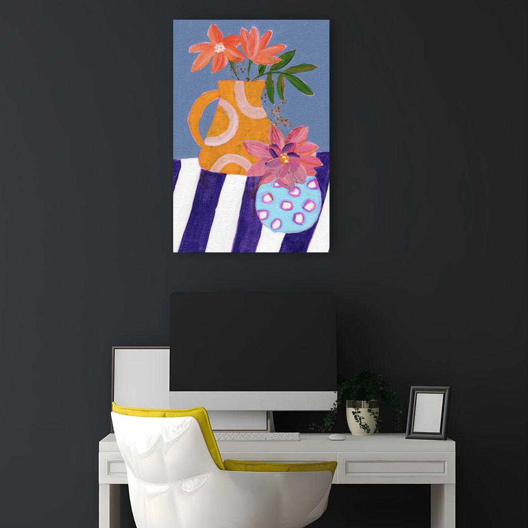Vibrant Vases On Stripes Abstract Colorful Contemporary Flower Wall Art Print