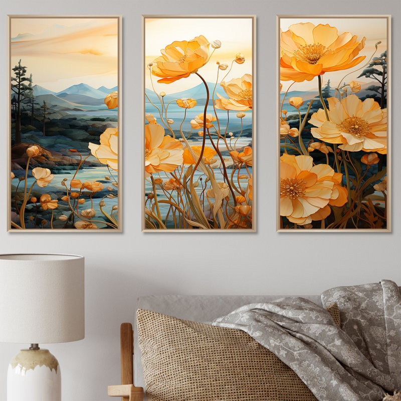 Perfectly Passionate Flowers Field I - Flower Wall Decor Set, Cadre naturel flottant, H 32 po x l 48 po x P 1 po