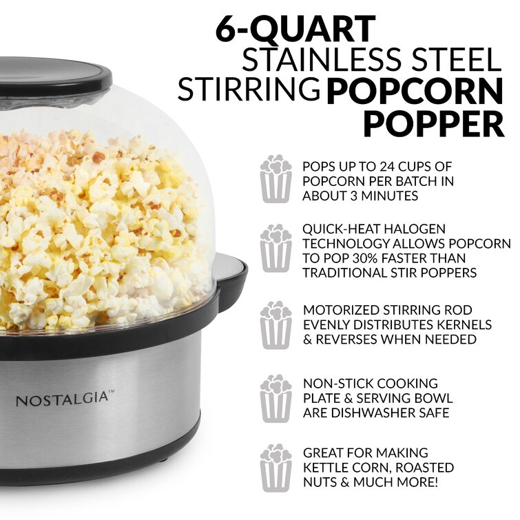 Nostalgia Electrics Nostalgia 6-Quart Stirring Popcorn Popper With  Quick-Heat Technology, Makes 24 Cups of Popcorn, Kernel Measuring Cup, Oil  Free, Makes Roasted Nuts, Perfect for Birthday Parties & Reviews