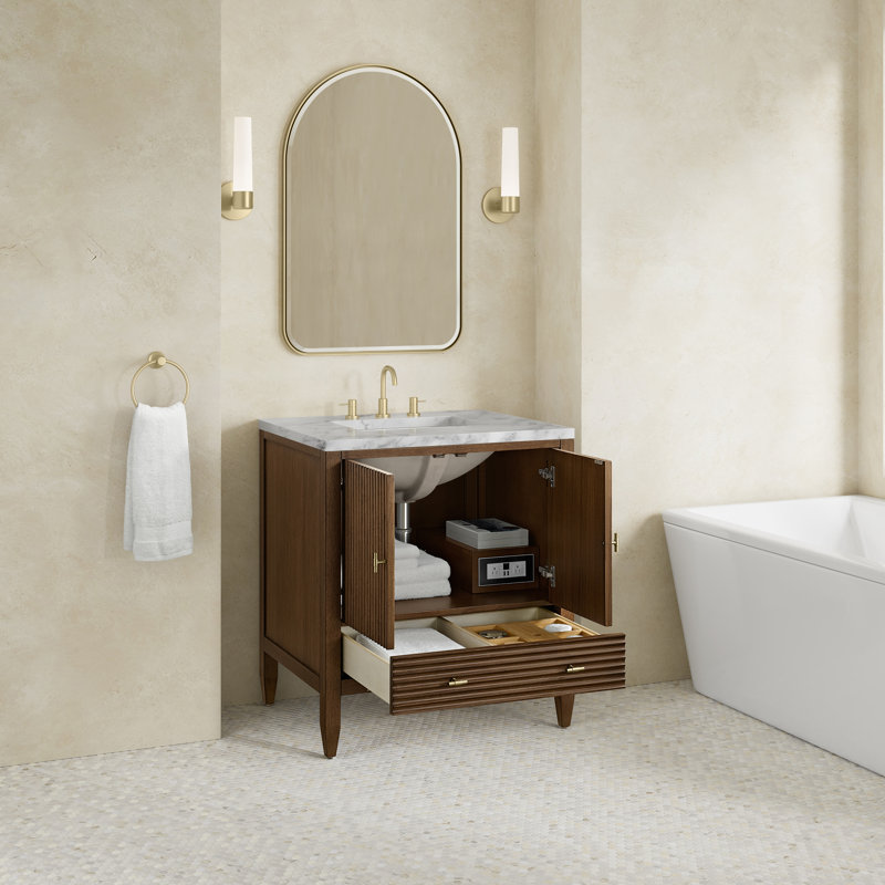 Myrrin 30" W Single Vanity, Carrara Marble, Mid-Century Walnut, 8" Widespread
