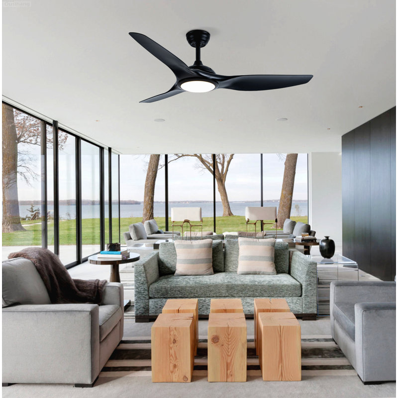Ventilateurs de plafond modernes d'inspiration hélice avec lumières avec moteur à courant continu réversible silencieux et télécommande, noir mat