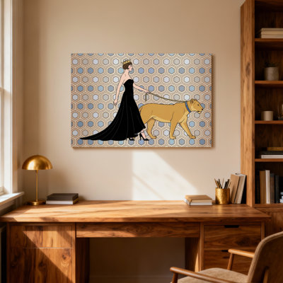 Animaux, femme élégante avec lion en laisse