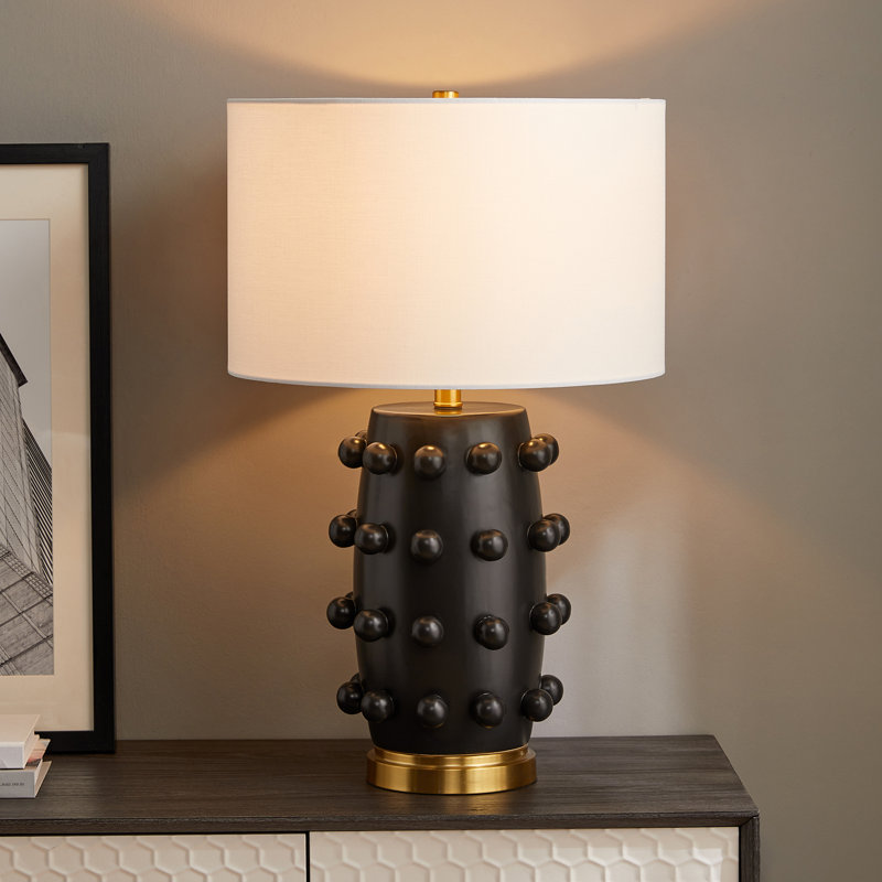 Farrington 26" Tall Ceramic Table Lamp with Fabric Shade in Matte Black/White, Matte Black/Gold