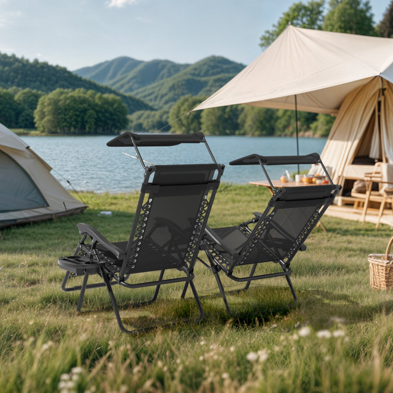 Mobarkar Outdoor Folding Zero Gravity Recliner Lounge Chairs with Adjustable Canopy Shade, Headrest, Black