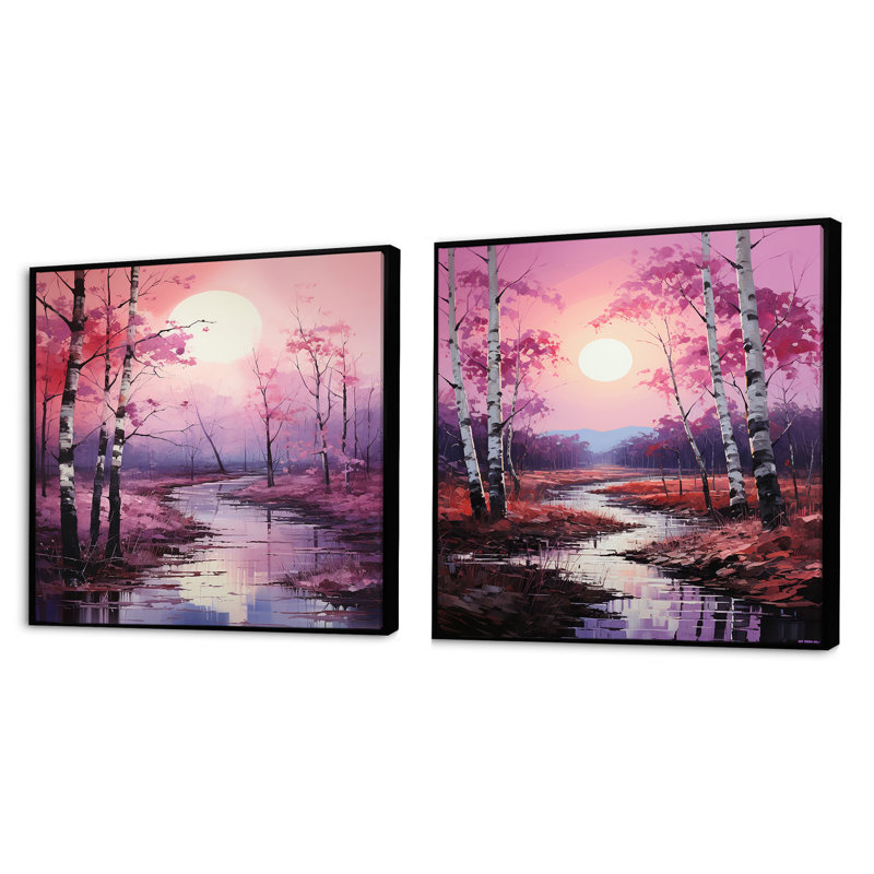 Birch Woods - collage symphonique rose - ensemble de 2 boules carrées, Cadre flottant noir, H 16 po x l 33 po