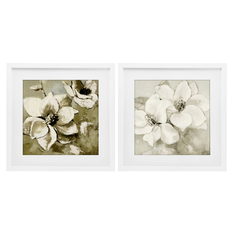 Ensemble de 2 impressions encadrées sous verre Beige Magnolias après la pluie, design par Lanie Loreth, H 13 po x l 13 po