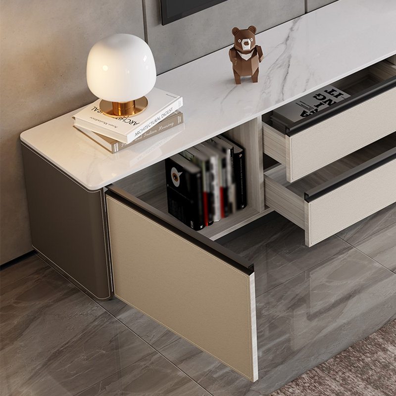 Meuble télé minimaliste de style crème, Blanc / gris / grège, L 70,87 po