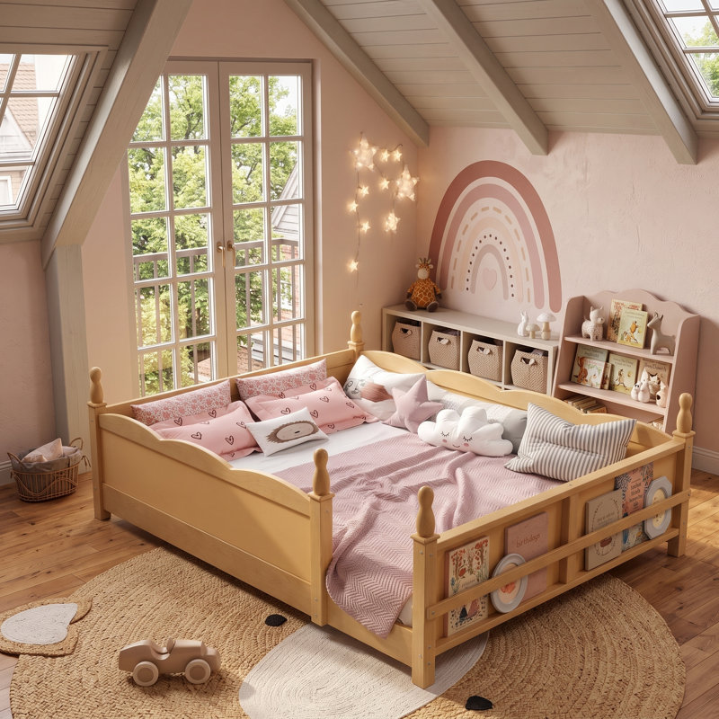 Lit de sol Kittredge Montessori avec garde-corps de sécurité pleine longueur et bibliothèque intégrée pour enfants, Grand lit