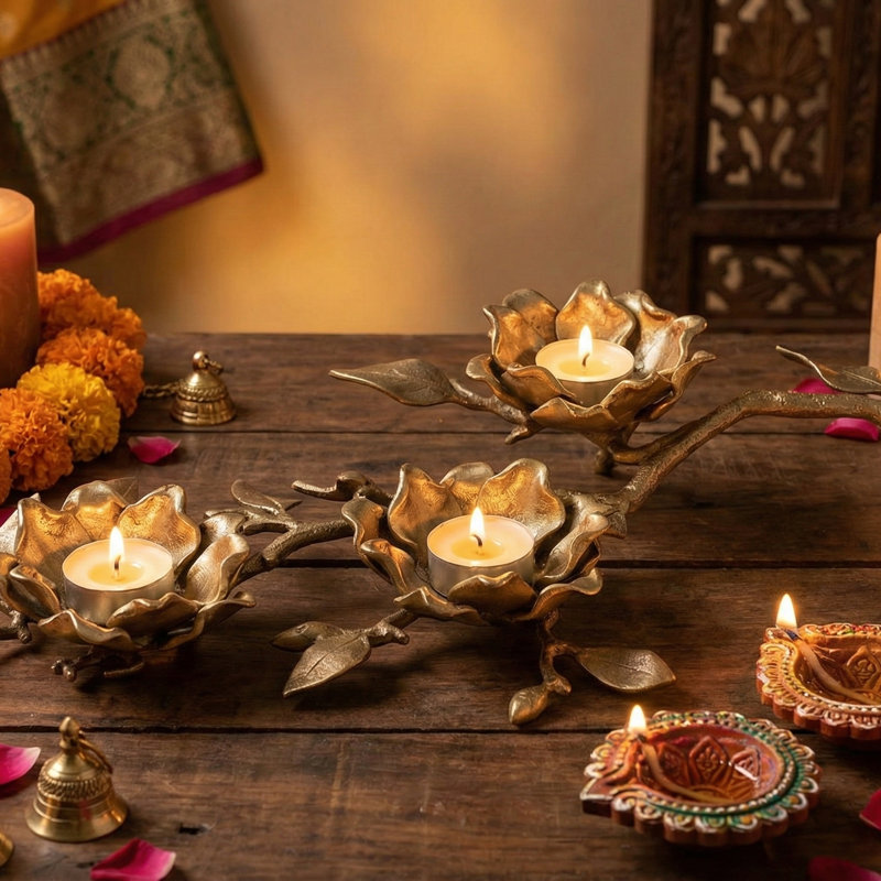 Designer Brass Candle and Diya Holder - 14.7" Decorative Multi-Wick Oil Lamp Tray for Diwali Festival Prayer Room Home Centerpiece Decor