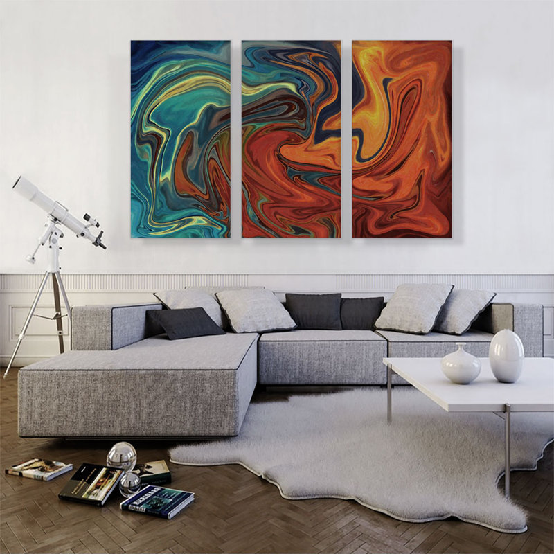 Bleu sarcelle et orange fondu Wavee - ensemble de 3 reproductions d'art sur toile tendue, H 40 po x l 60 po x 1,5 po
