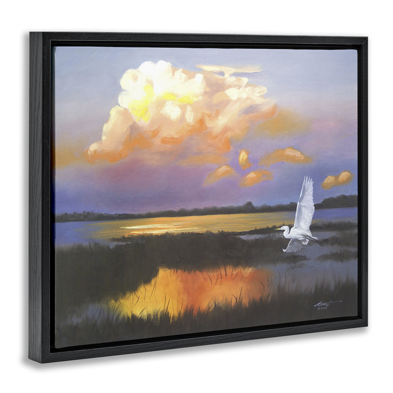 «Egret Over Cloudy Reflection» par D. Rust, Cadre flottant noir de jais, H 17 po x l 21 po