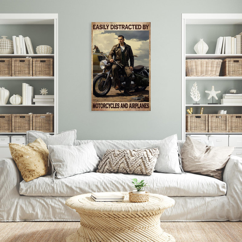 «Distracted by Motorcycles and Airplanes» - 1 pièce facilement distrait par les motocyclettes et les avions - 1 pièce, reproduction d'art graphique sur toile tendue