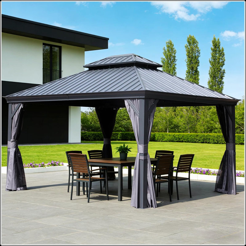 Pavillon de jardin extérieur 13 po x 15 pi avec double toit en acier galvanisé et système de drainage, idéal pour le patio et le divertissement dans la cour