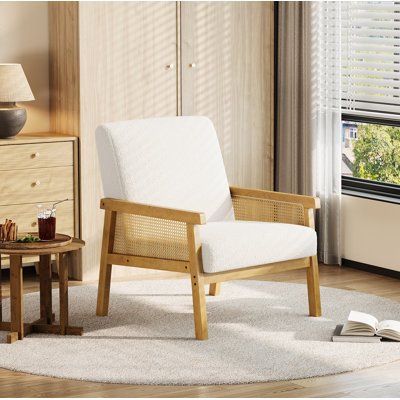 Rattan Wooden Frame High Back Boucle Accent Chair, Lambswool White Upholstered Comfortable Reading Chair for Living Room or Bedroom, White