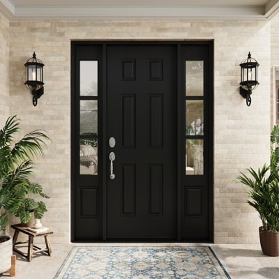 Entry Front Exterior Fiberglass Door 30" x 80" Painted Black 6-Panel Prehung Door Fixed Double Sidelite Black 3-Lite Clear Glass Door With Jamb, Right-Hand Inswing (Not Included Hardware Kit)
