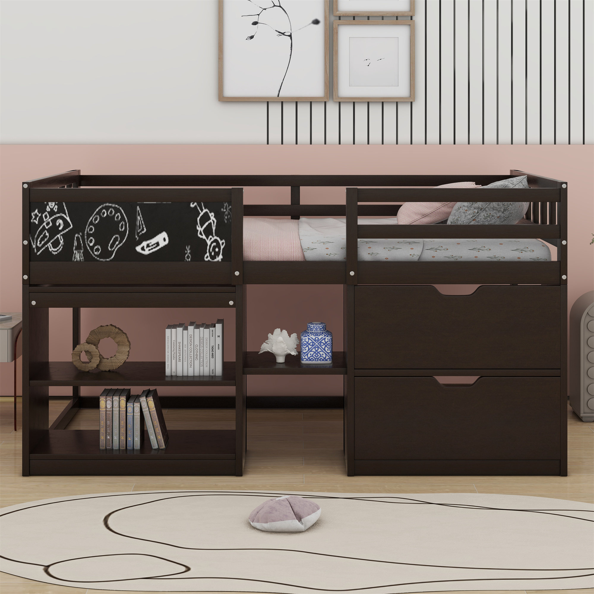 Latitude Run® Low Loft Bed With Rolling Desk, Shelf And Drawers ...