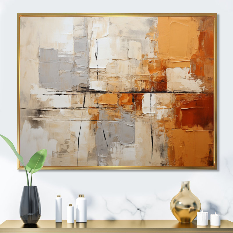 Gris, jaune, orange, impressions - Collages abstraits, art mural grand, H 16 po x l 32 po x P 1 po, Cadre flottant doré