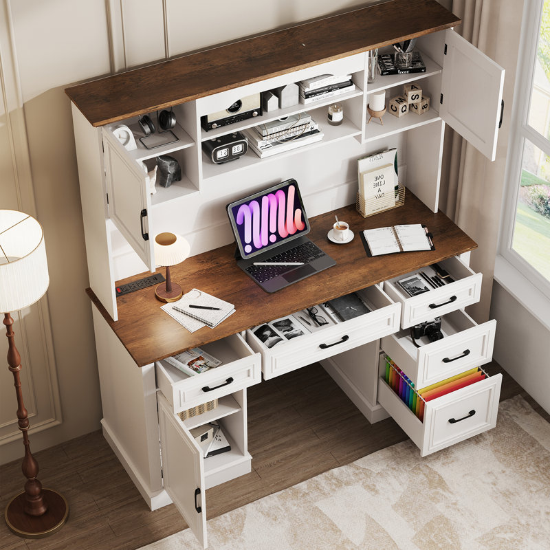 67" H Farmhouse Executive Desk With Hutch, Brown/White
