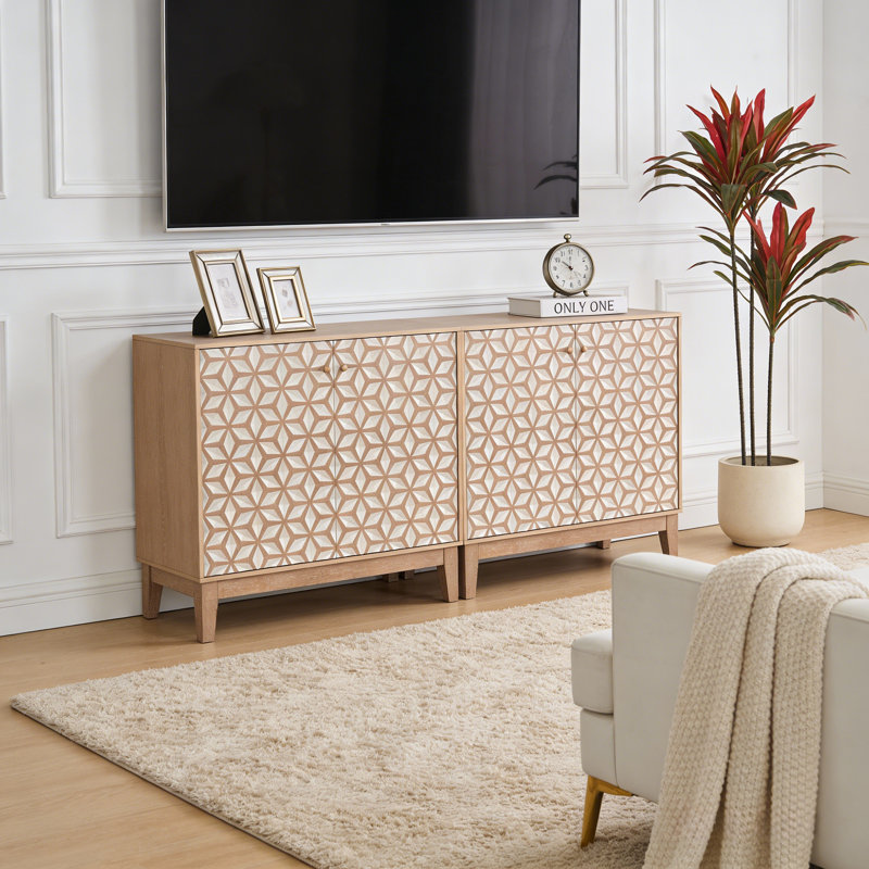 Buffet 63 po à double porte géométrique avec tablettes réglables, armoire de rangement de style maison de campagne pour le salon, la cuisine et la salle à manger