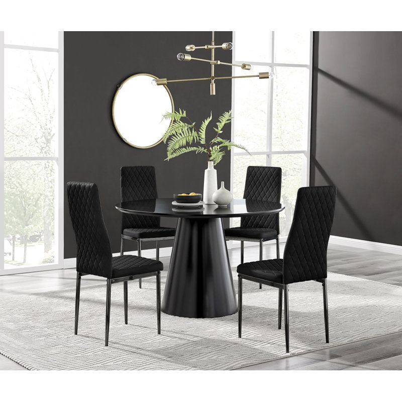 Beca Statement Pedestal Round Dining Table Set & 4 Luxury Velvet Dining Chairs, Black, Black