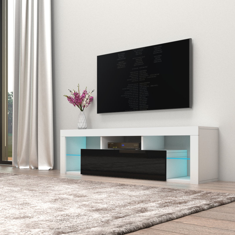 Floating 18" Modern TV Stand with 16-Color LED Lighting, Glass Shelves, Wall-Mounted, White/Black
