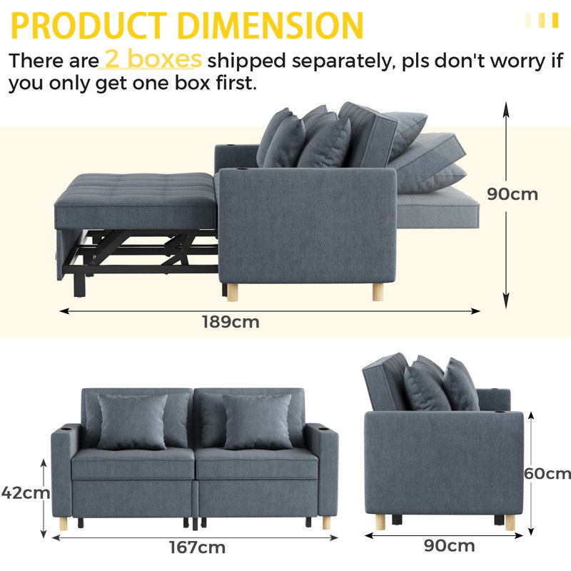 Borchert 2 Seater Fabric Sofa Bed, Dark Grey Linen