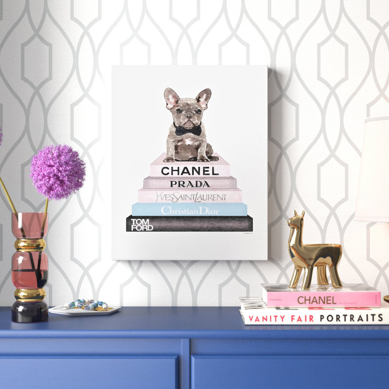 «Boden Bookstack with Gray Frenchie Puppy», reproduction, Toile tendue, H 20 po x l 16 po x P 1,5 po