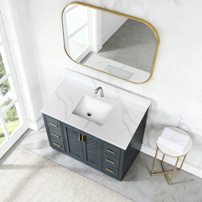 43 - Inch Quartz Bathroom Vanity Top With Undermount Sink In Middle, 4 High Backsplash, 1 Pre Drilled Faucet Hole, Stain & Heat , American Modern Luxury Style For Bathroom, Sink, One Suitable