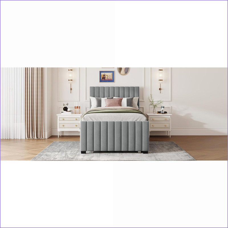 Lit plateforme simple tapissier en velours avec lit gigogne, gris - aucun sommier nécessaire, capacité de 300 lb, Gris