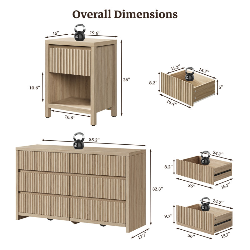 Ensemble de chambre à coucher moderne 3 pièces, commode 6 tiroirs et 2 tables de chevet, conception peu encombrante