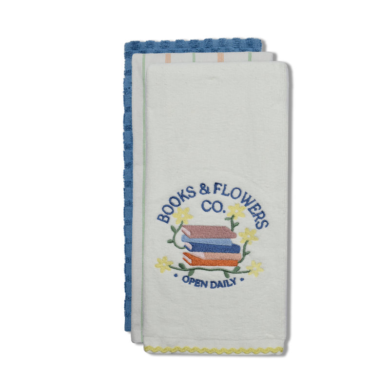 Super Absorbent 3 Pack Cotton Tea Towels - Books and Flowers