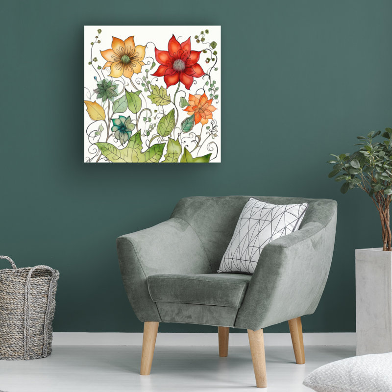 Symmetrical Floral Botanical Canvas Art with Wood Frame, 14" x 14"