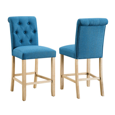 Of 2 Counter Height Stools, , Blue - Back & Padded Seat Kitchen Dining Area Furnishings Wood Frame Fabric Cover Stools Ideal For Areas With Upholstery