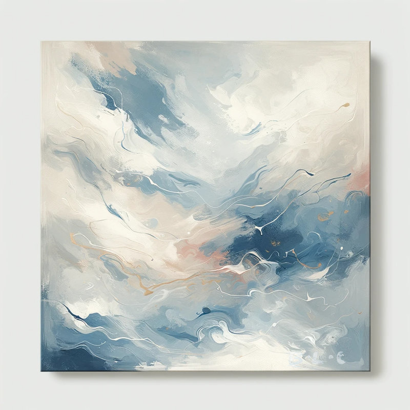 Whispering Winds - Art expressionniste abstrait en bleu doux et accents dorés sur toile Prin, H 40 po x l 40 po x P 1,5 po