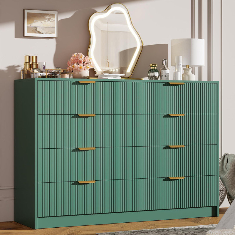 Commode cannelée moderne à 8 tiroirs - commode de 54 po de largeur avec poignées dorées, meuble télé pour le salon ou le couloir