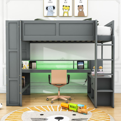 Lit mezzanine en bois avec bureau, tablettes multiples, DEL et station de charge