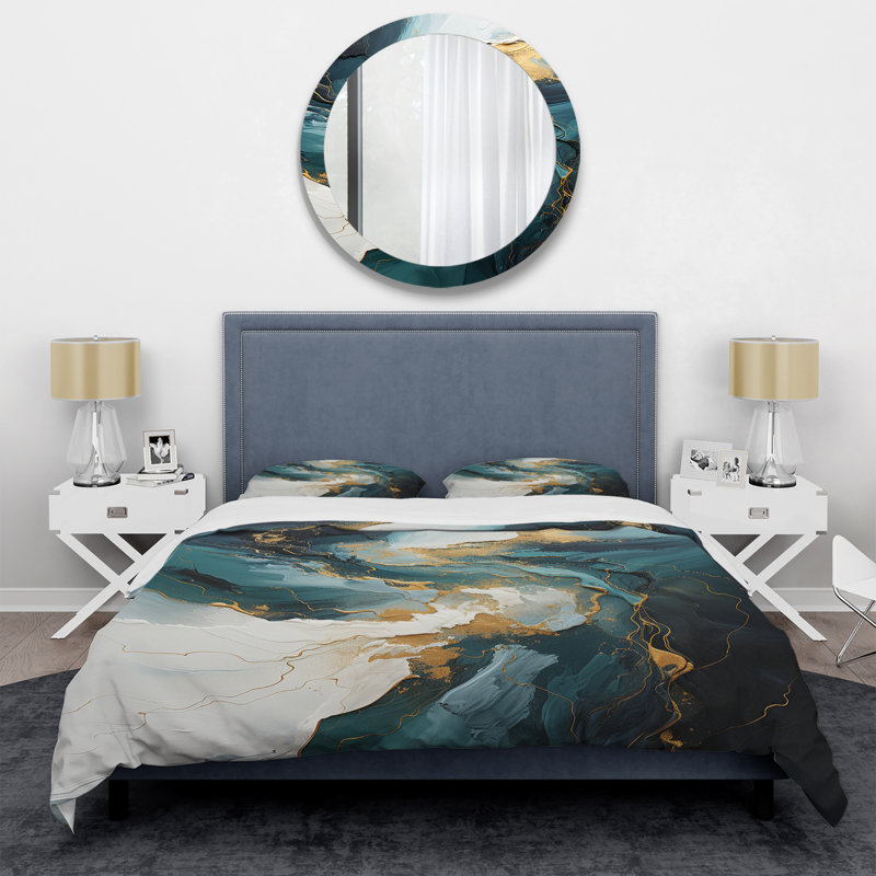 Ensemble de housse de couette abstrait et doré or et vert VI, Housse de couette pour très grand lit et 2 très 