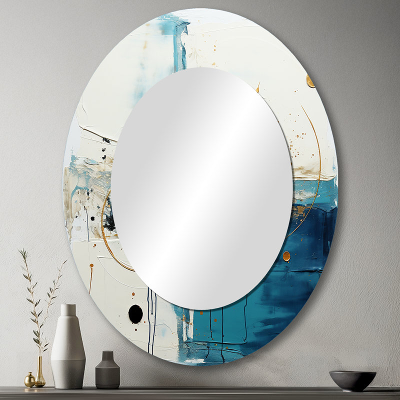 New Harmony Circular Abstract In White And Blue - Large Oval Wall Mirror On Metal, 43" x 33"