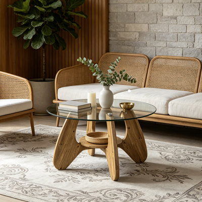 31.5" Glass Coffee Table for Living Room, 2-Tier Wood Accent Center Table with Open Storage