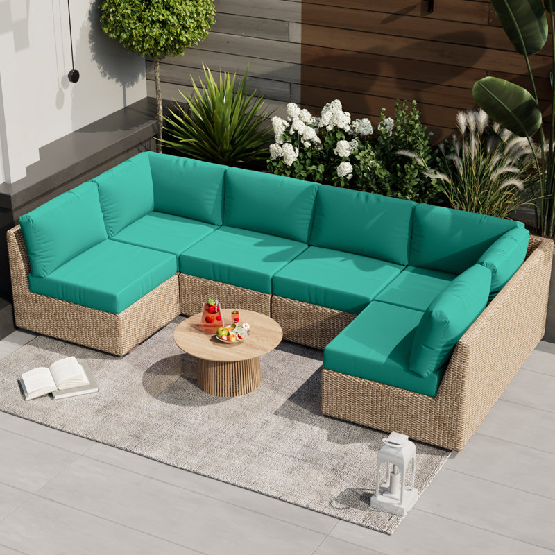 14 Pieces 3" Outdoor Replacement Cushion Sets For Patio Furniture(Set Of 6 Cushion , 6 Backrests , 2 Coner Cushions), Teal