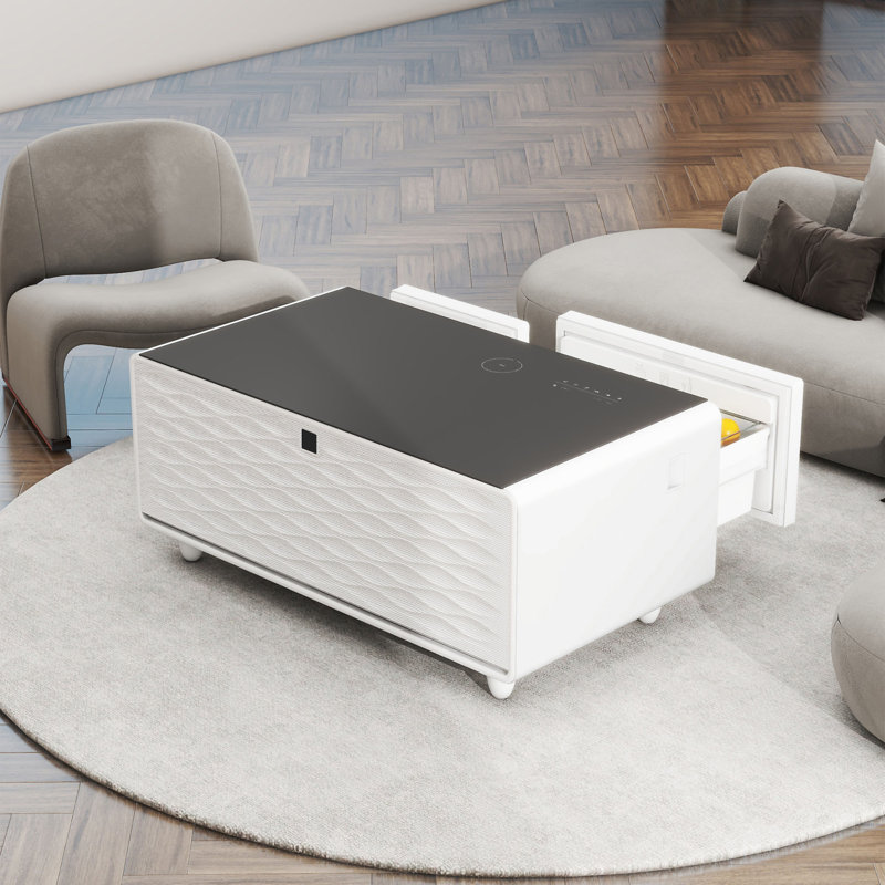 Modern Smart Coffee Table With Built-In Fridge And Freezer Drawers (Only Including Table), Black Top/White Base