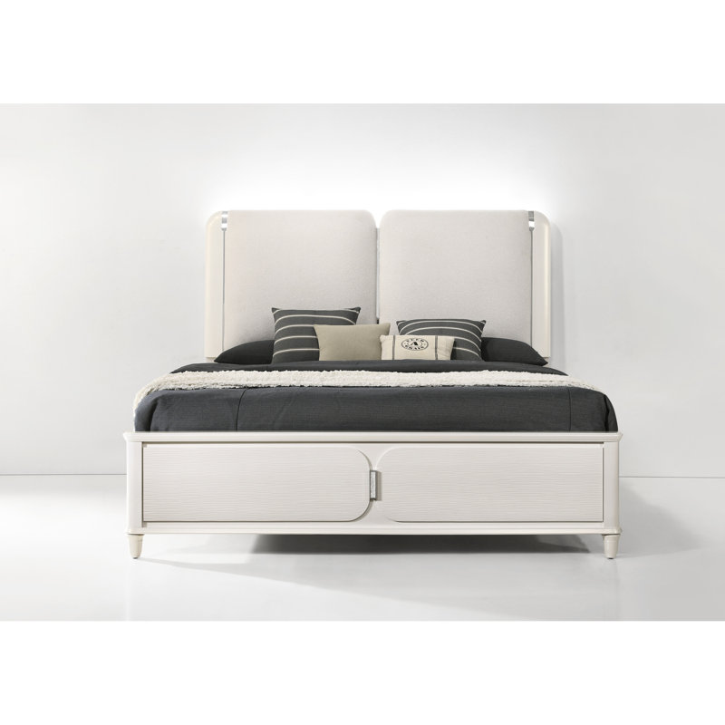 Élégant grand lit avec éclairage à DEL intégré - Finition gris et blanc perle, tête de lit tapissier, cadre en panneau de particules, pieds en acrylique, sommier contemporain requis et blanc, chic
