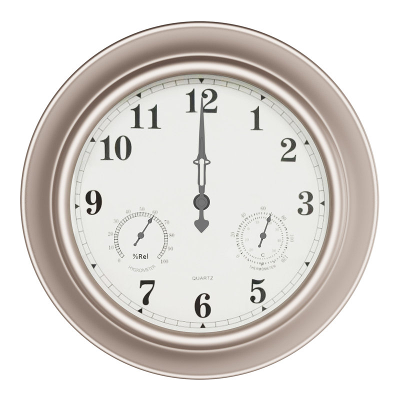 18-Inch Brushed Silver Metal Round Wall Clock with Thermometer