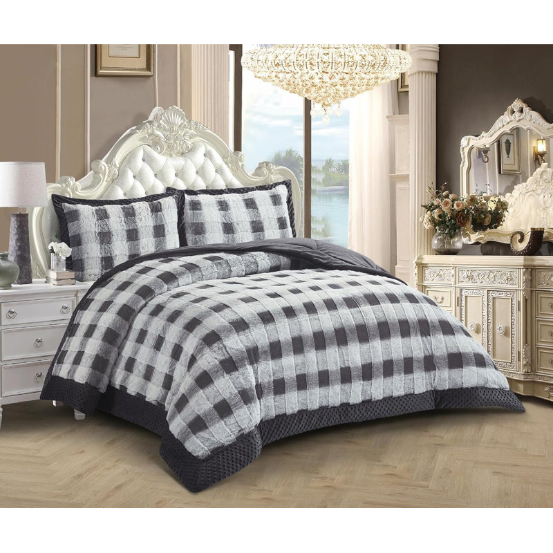 Microfiber Chequered Bedspread, Double Bedspread + 2 Standard Pillowcases, Grey