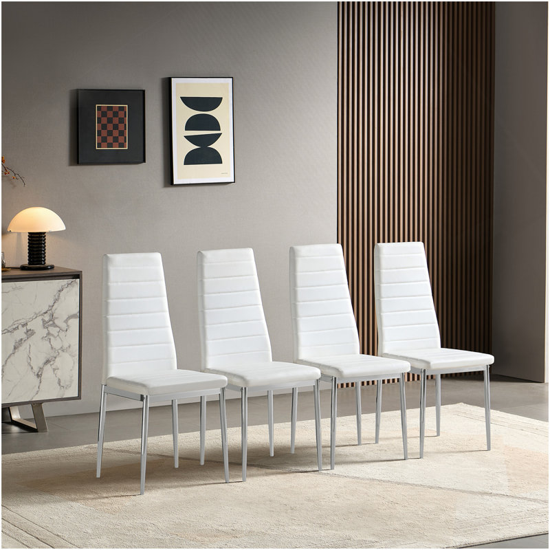 Modern Style Dining Chair Set For 4 With Comfortable PU Leather And Silver Chrome Plated Chair Legs,White
