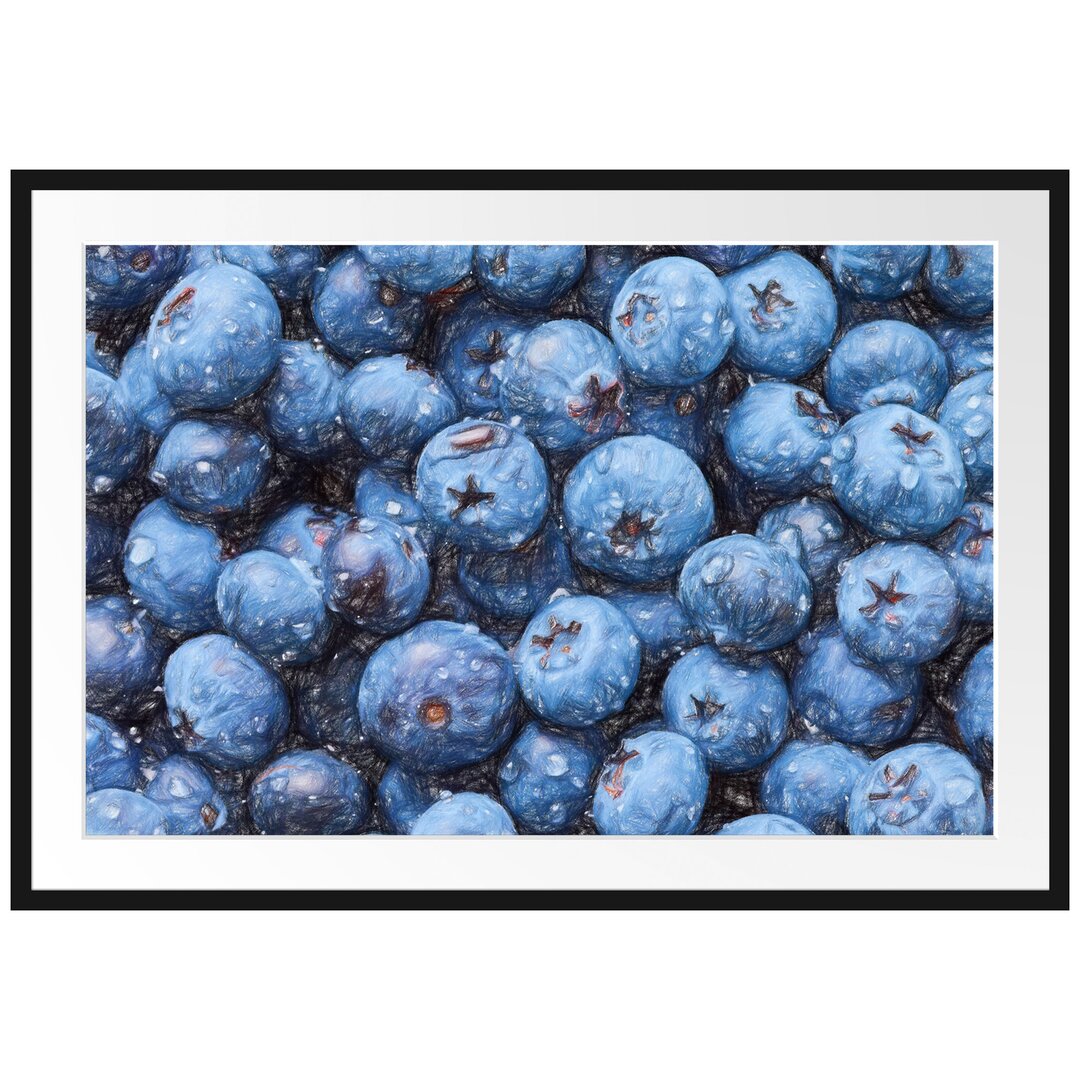 Gerahmtes Poster Blaubeeren mit Wassertropfen