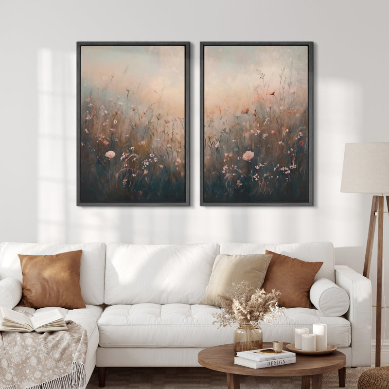 Romantiques fleurs sauvages, impression d'art sur toile, ensemble de 2 - décor botanique de rêve pour le salon ou le vestibule