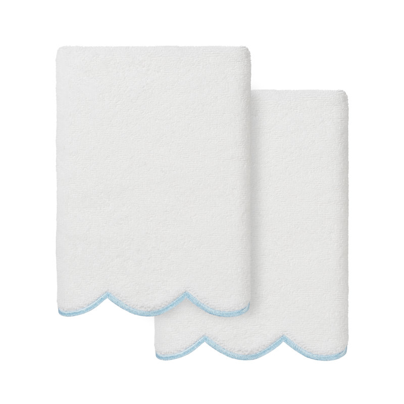  100% Turkish Cotton ADORNIA Scallop 2PC Hand Towel Set, White/Blue, Hand Towel - 2 Pack