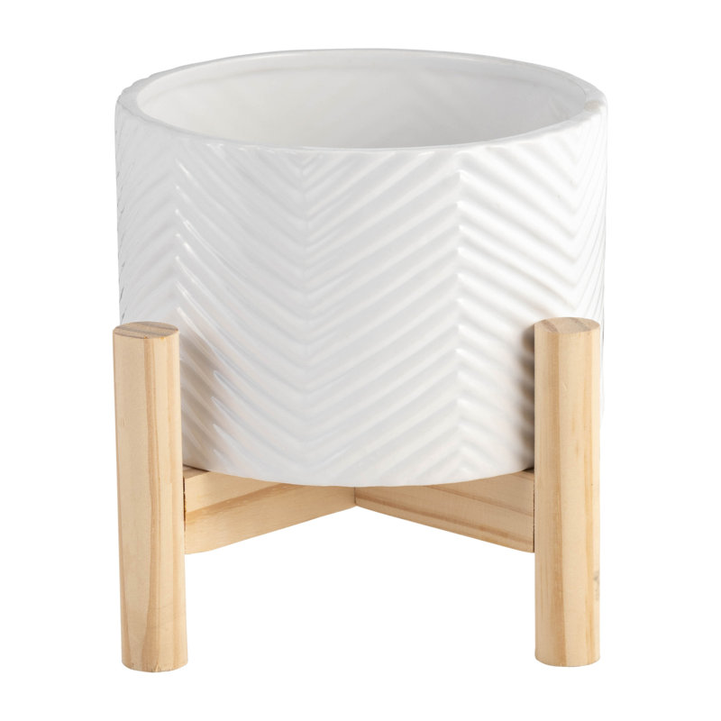 Elegant Ceramic Chevron Planter With Wood Stand, A Stylish And Functional Addition To Any Space.